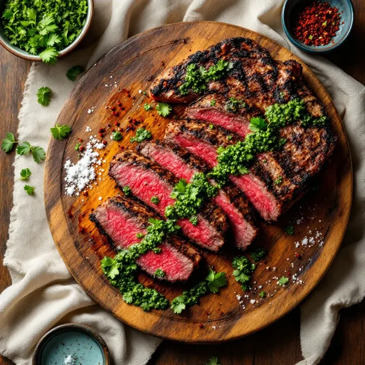 Grilled Steak with Chimichurri, seen from above