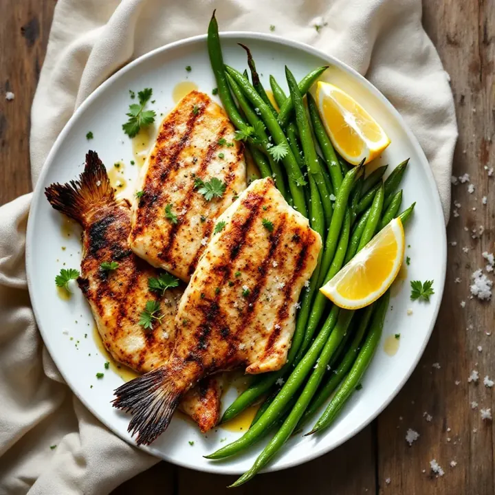 Barbecued barramundi with lemon myrtle, seen from above