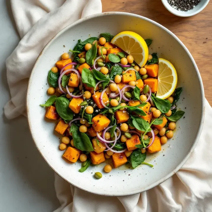 Roast Pumpkin and Chickpea Salad, seen from above