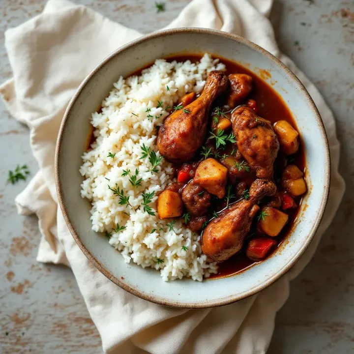 Brown Stew Chicken, seen from above