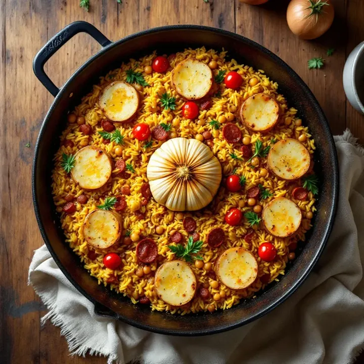 Arroz al Horno (Baked Rice with Vegetables and Sausage), seen from above