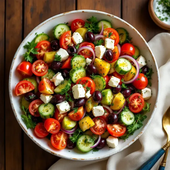 Greek Village Salad (Horiatiki), seen from above