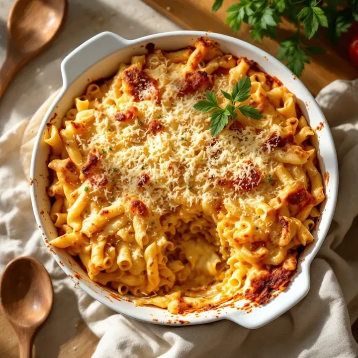Pastitsio (Baked Greek Pasta with Beef), seen from above