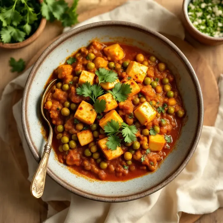 Matar Paneer (Home-style paneer and peas curry), seen from above
