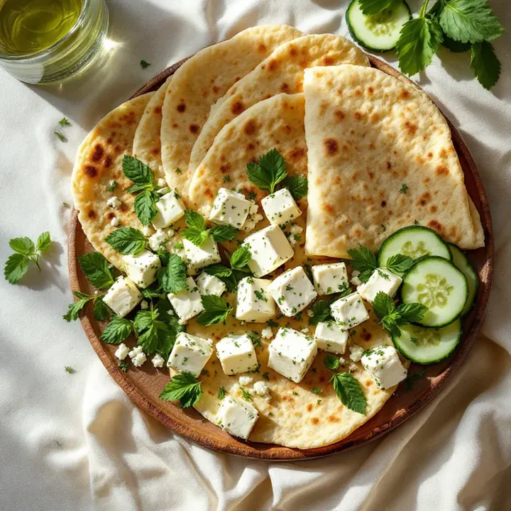 Nan Panir Sabzi (Bread, Cheese, and Herbs Breakfast), seen from above
