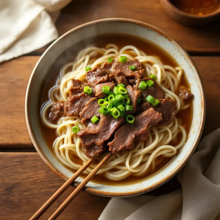 Niku Udon (Beef Udon Noodle Bowl), seen from above