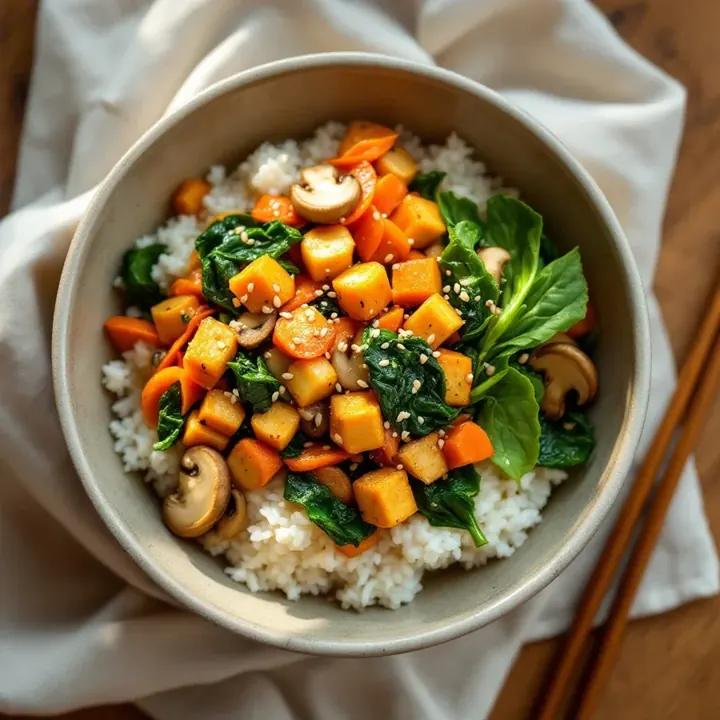 Yasai Donburi (Vegetable Rice Bowl), seen from above