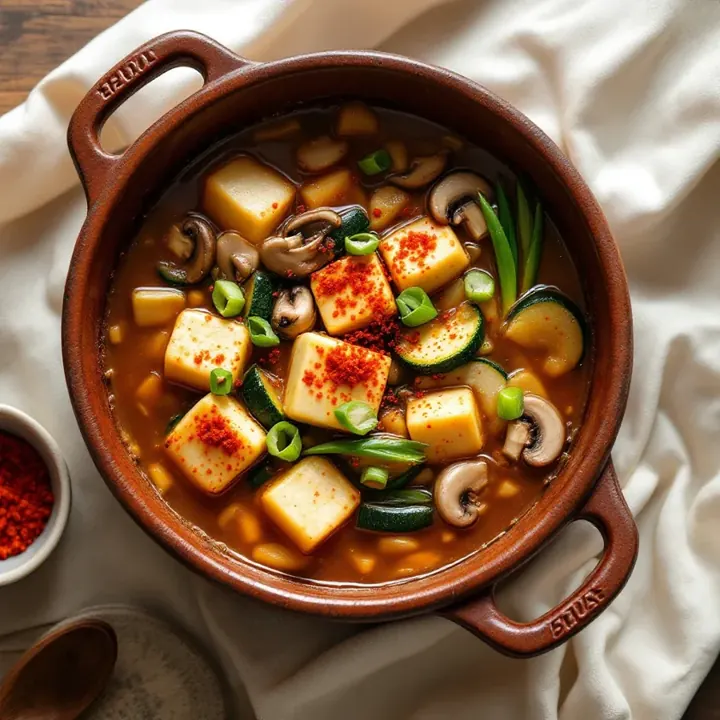 Doenjang Jjigae (Soybean Paste Stew), seen from above