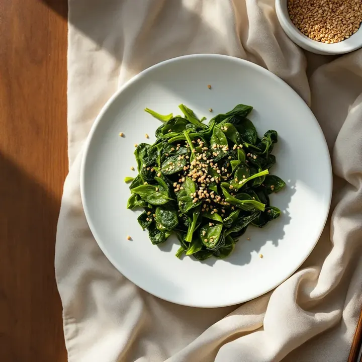Sigumchi Namul (Seasoned Spinach Banchan), seen from above