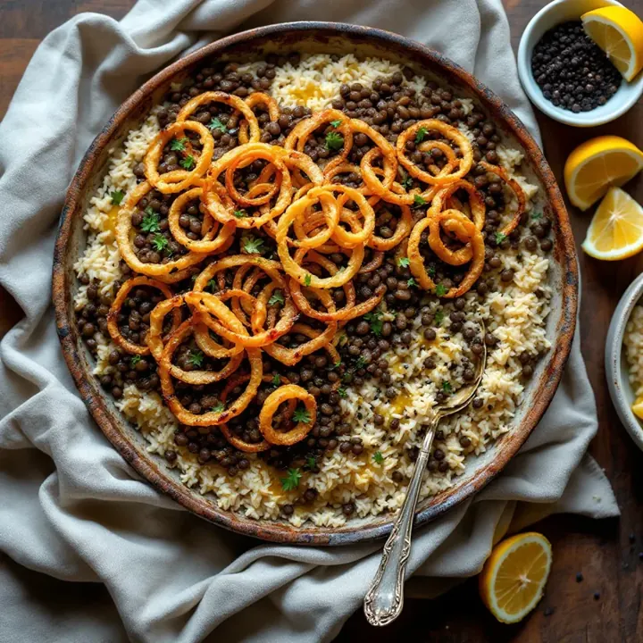 Mujadara (Lentils and Rice with Onions), seen from above