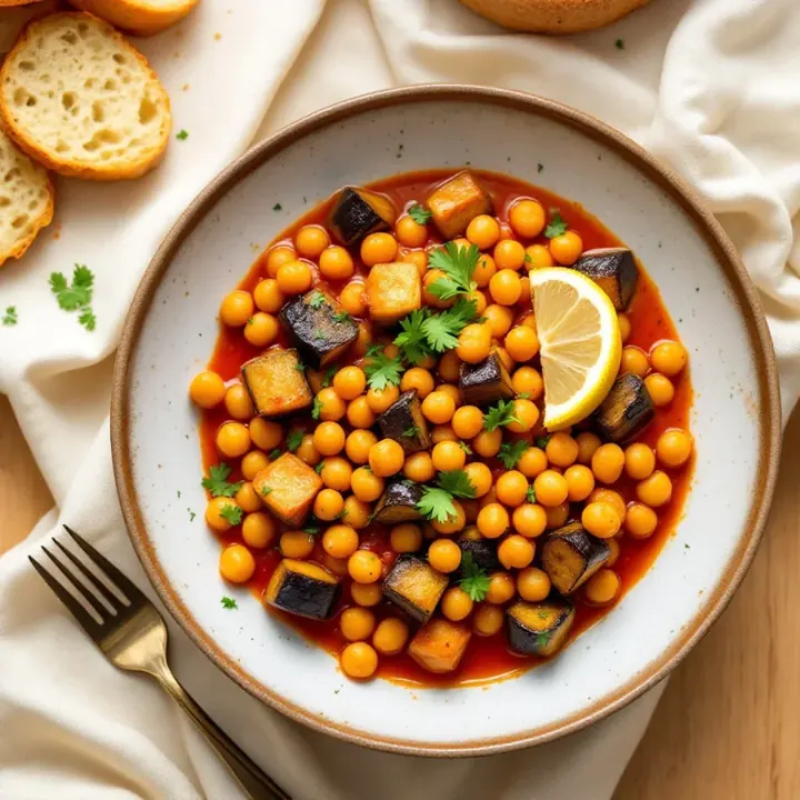 Braised Chickpeas with Eggplant (Msakaa), seen from above