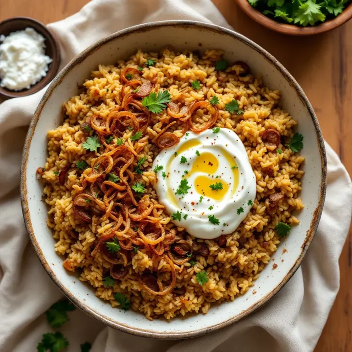 Mujadara (Lentil Rice with Fried Onions), seen from above