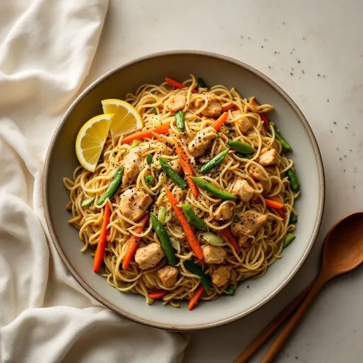 Pancit Bihon (Rice Noodle Stir-Fry), seen from above