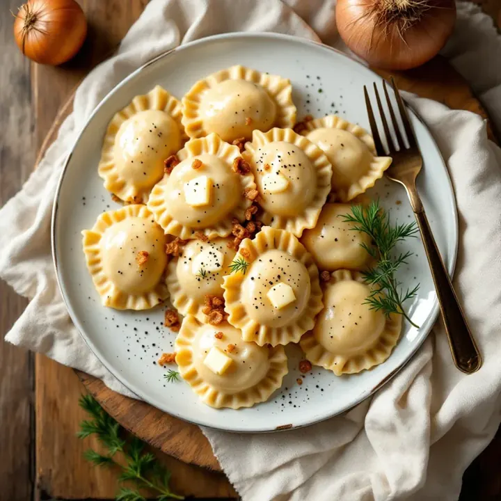 Pierogi Ruskie (Potato and Onion Dumplings), seen from above