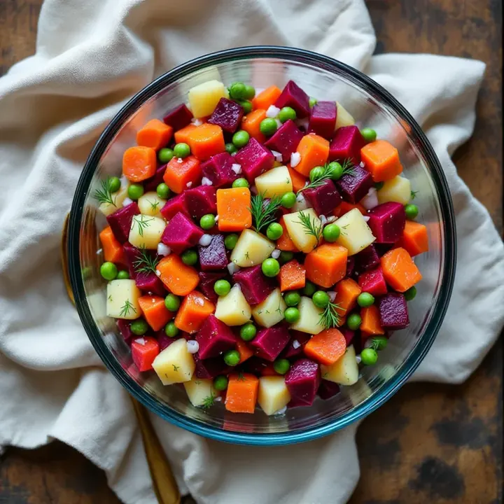 Vinegret (Russian Beetroot Salad), seen from above
