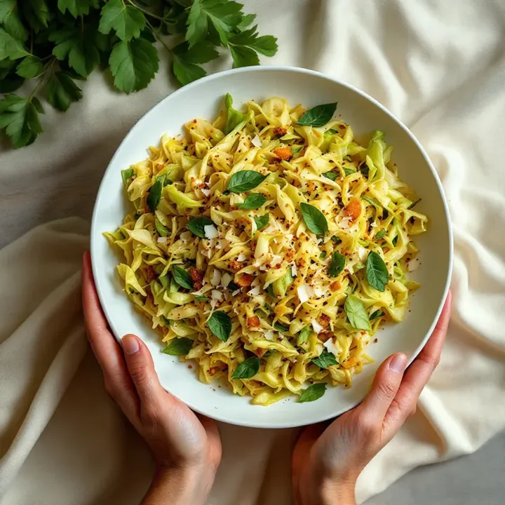 Cabbage Thoran (Coconut Stir-Fry), seen from above