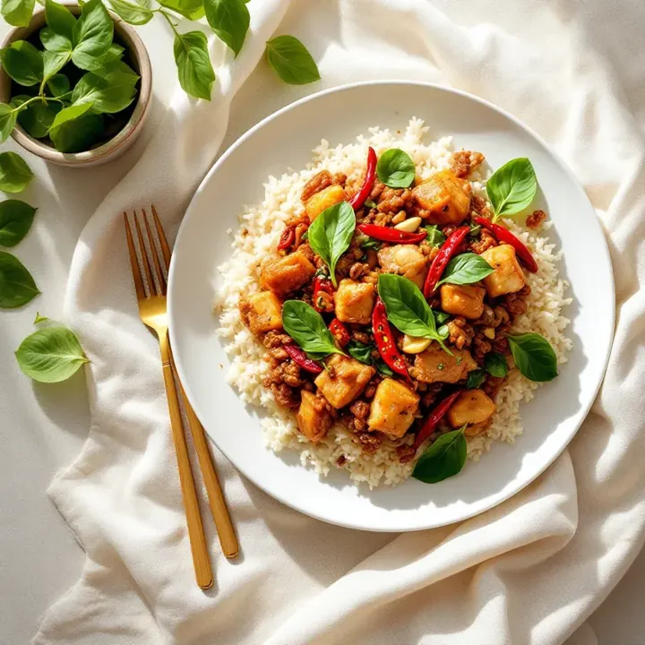 Pad Krapao Moo (Stir-fried Pork with Holy Basil), seen from above