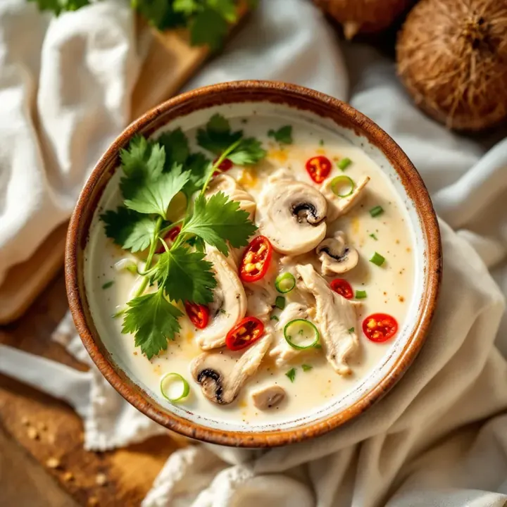 Tom Kha Gai (Chicken Coconut Soup), seen from above