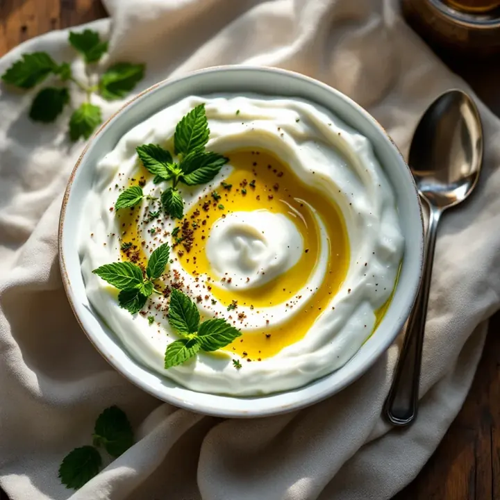 Cacık (Yogurt with Cucumber and Herbs), seen from above