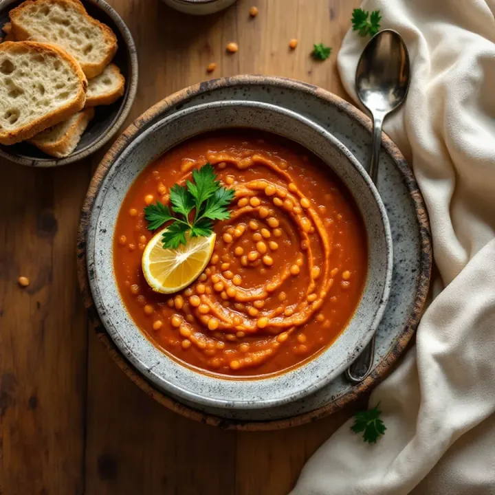 Mercimek çorbası (red lentil soup), seen from above