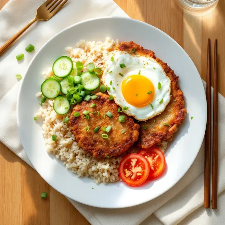 Pork Chop Rice Plate (Cơm Sườn Ốp La), seen from above